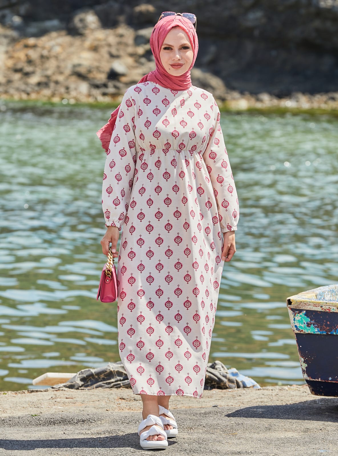 Desenli Tesettür Elbise - Fuşya - Tofisa - Resim 3