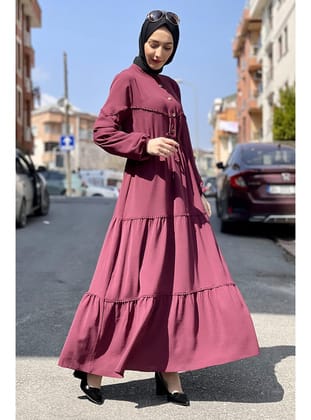 Belden Bağcıklı İşlemeli Elbise Vişne