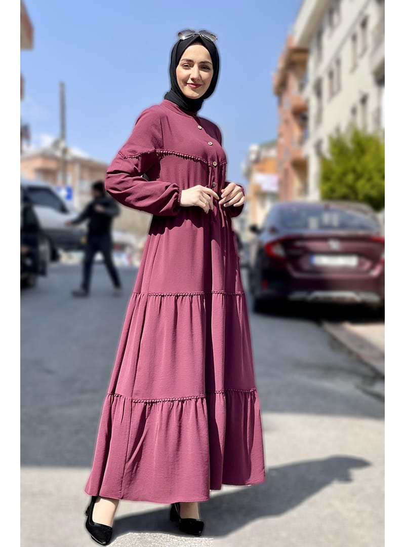 Belden Bağcıklı İşlemeli Elbise Vişne - Resim 3