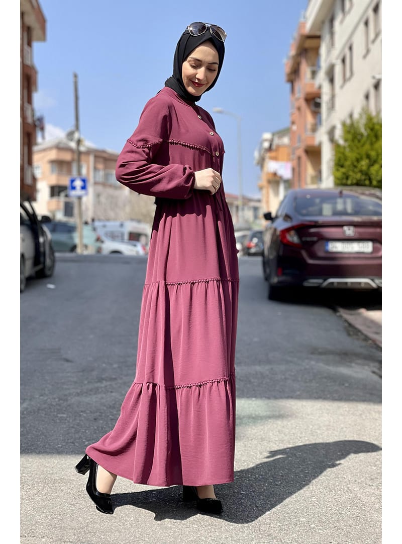Belden Bağcıklı İşlemeli Elbise Vişne - Resim 4