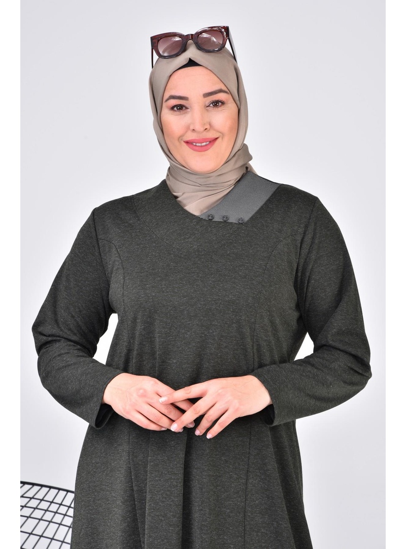 Kadin Buyuk Beden Ay Yaka Anne Elbise Uzun Tesettur Haki - Resim 3