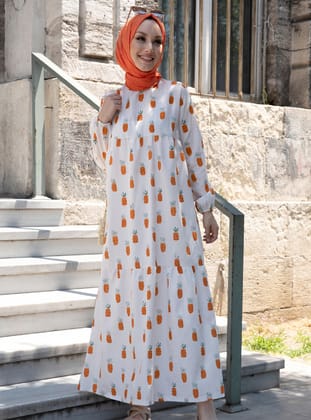 Desenli Elbise - Oranj - Tofisa