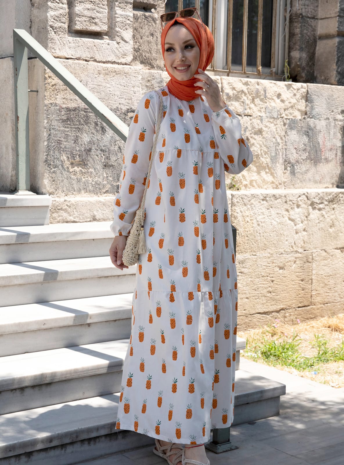 Desenli Elbise - Oranj - Tofisa - Resim 2