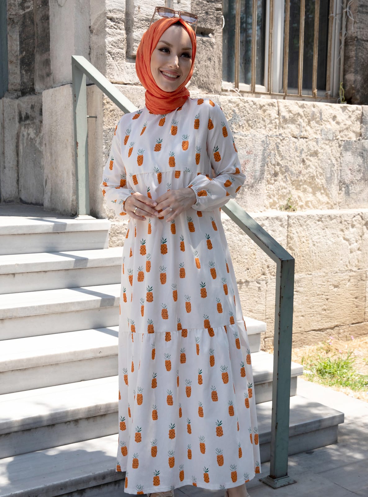 Desenli Elbise - Oranj - Tofisa - Resim 4