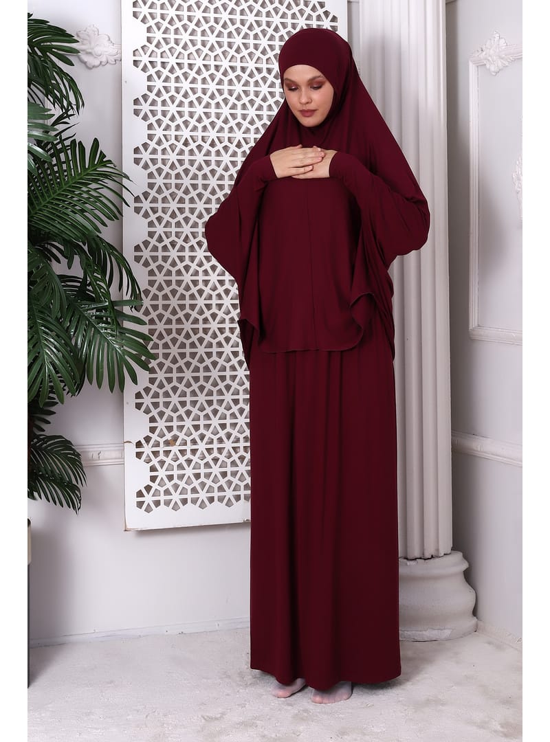 İki Parça Pratik Namaz Elbisesi 8016 Bordo Bordo - Resim 3