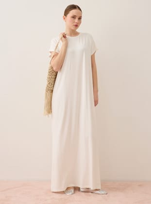 Viskon Kumaş Kısa Kollu Tesettür Elbise - Off White - Benin