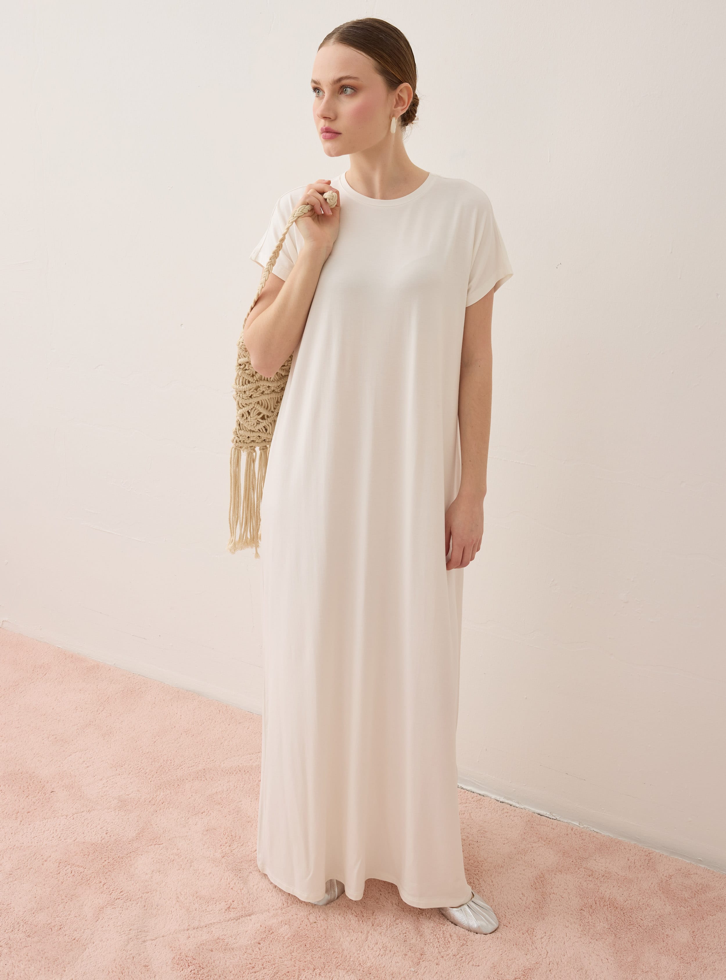 Viskon Kumaş Kısa Kollu Tesettür Elbise - Off White - Benin - Resim 2