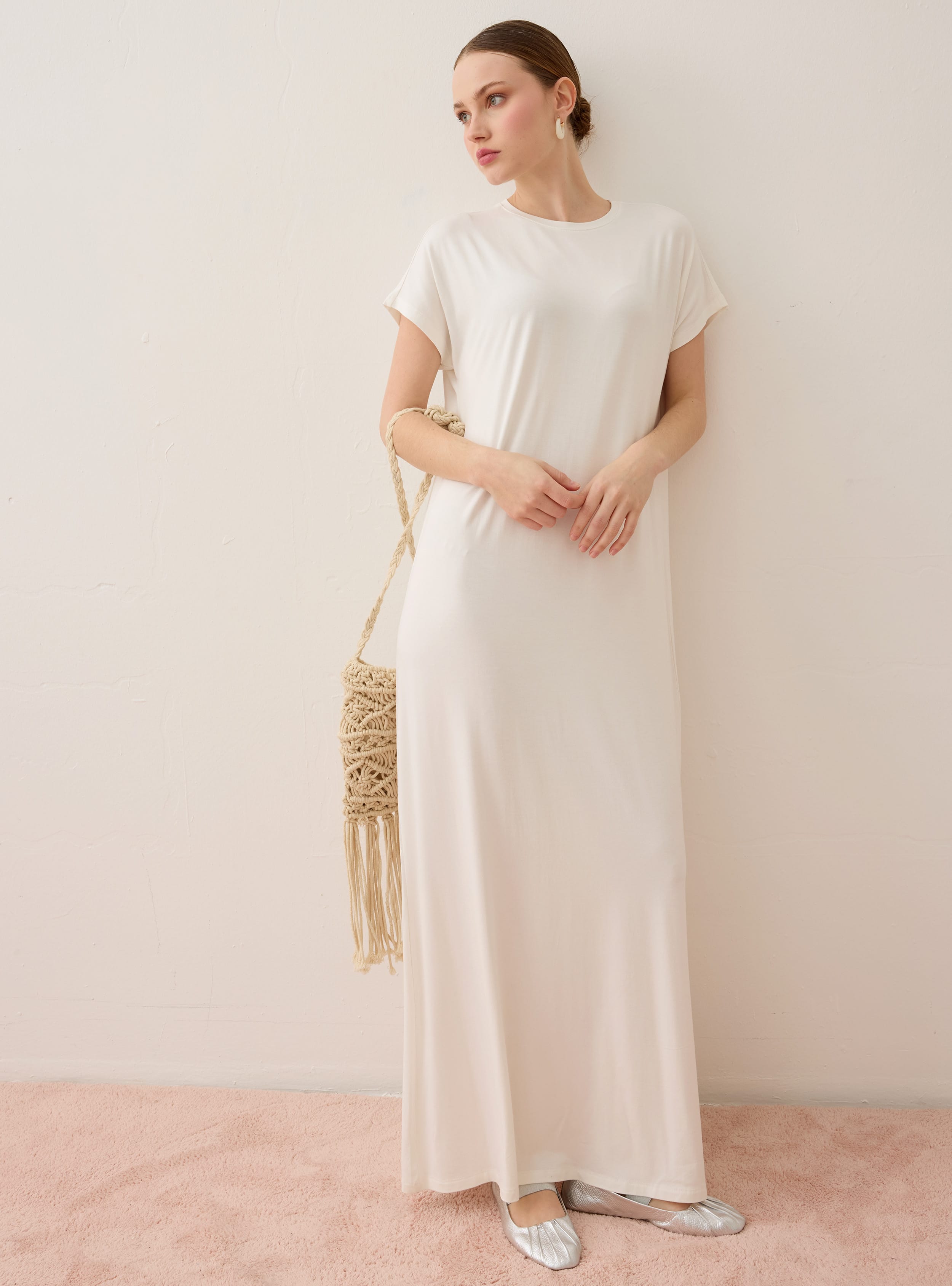 Viskon Kumaş Kısa Kollu Tesettür Elbise - Off White - Benin - Resim 4
