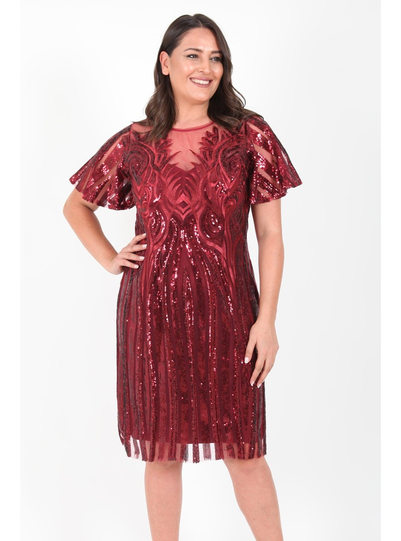 Büyük Beden 3253 Bordo Ara Boy Abiye Elbise BORDO - Resim 2