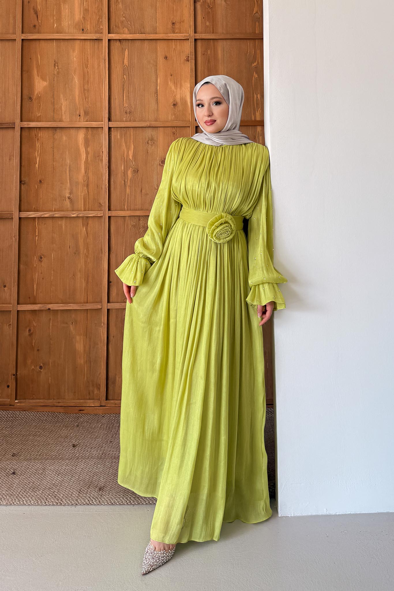 Maria İpek Taşlı Elbise Fıstık Yeşili - Resim 4