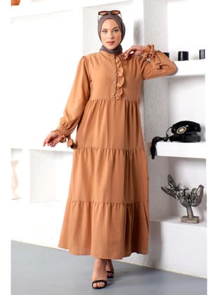 Kolu Bağlamalı Tesettür Elbise TSD221207 Taba