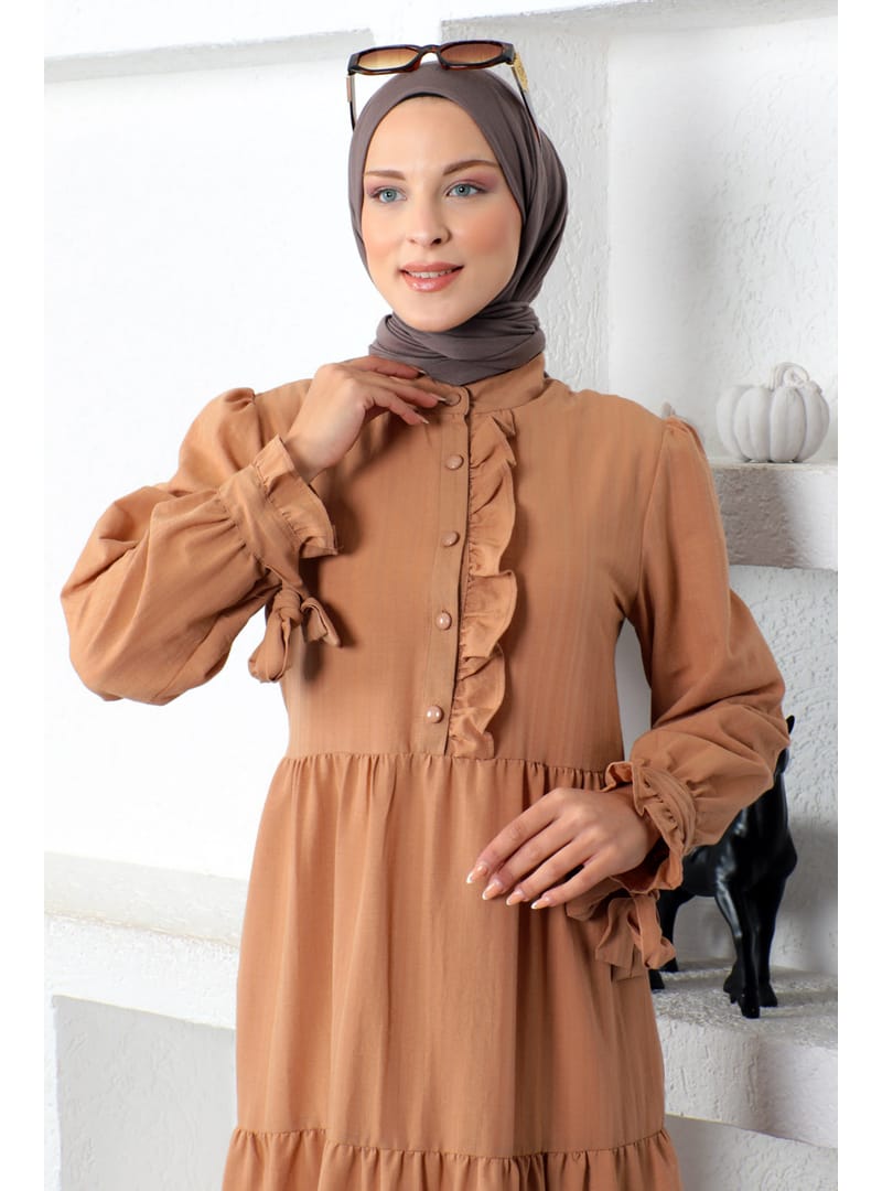 Kolu Bağlamalı Tesettür Elbise TSD221207 Taba - Resim 2