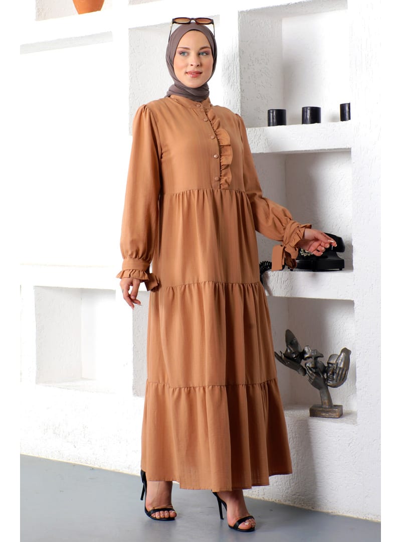 Kolu Bağlamalı Tesettür Elbise TSD221207 Taba - Resim 4