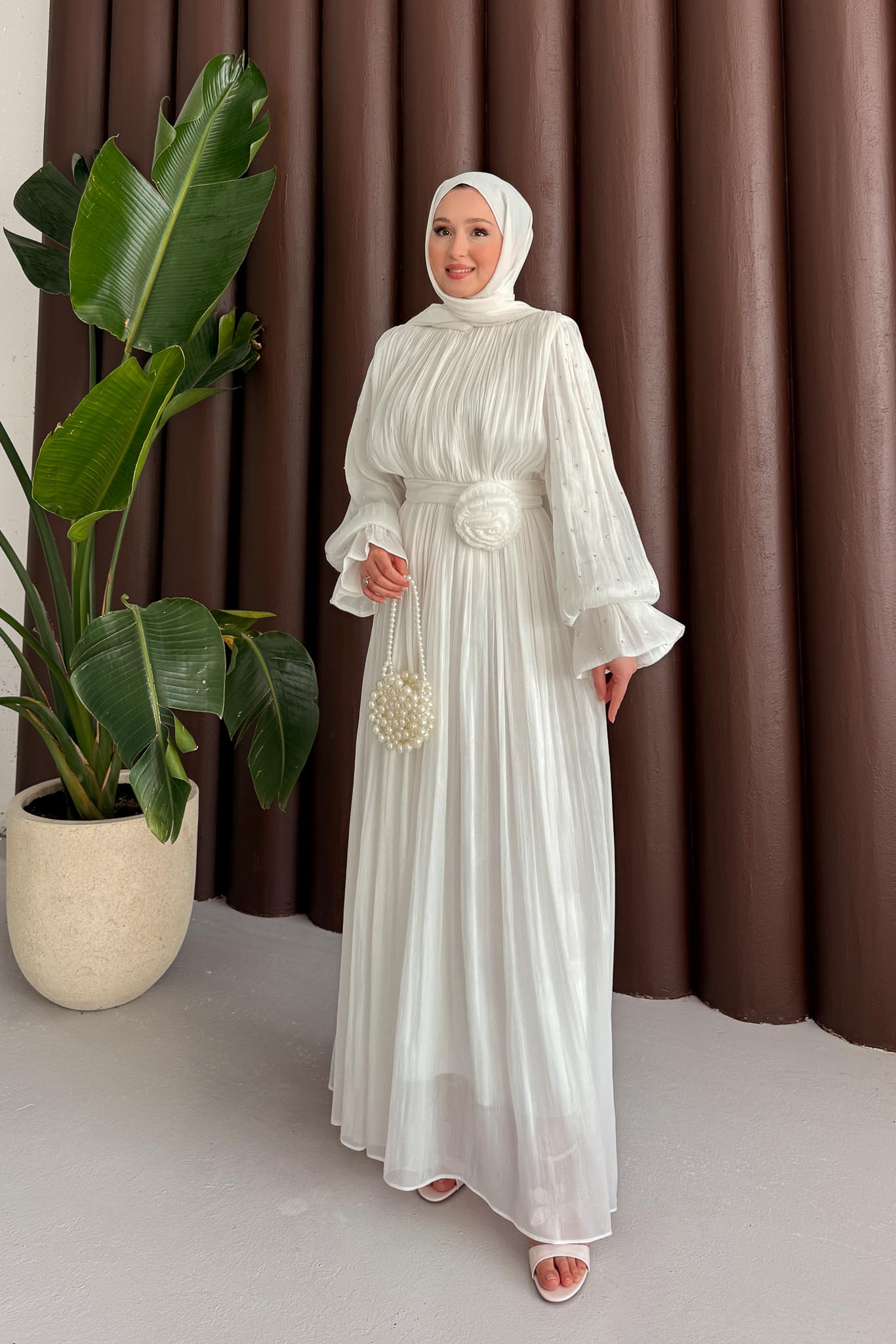 Maria İpek Taşlı Elbise Beyaz - Resim 4