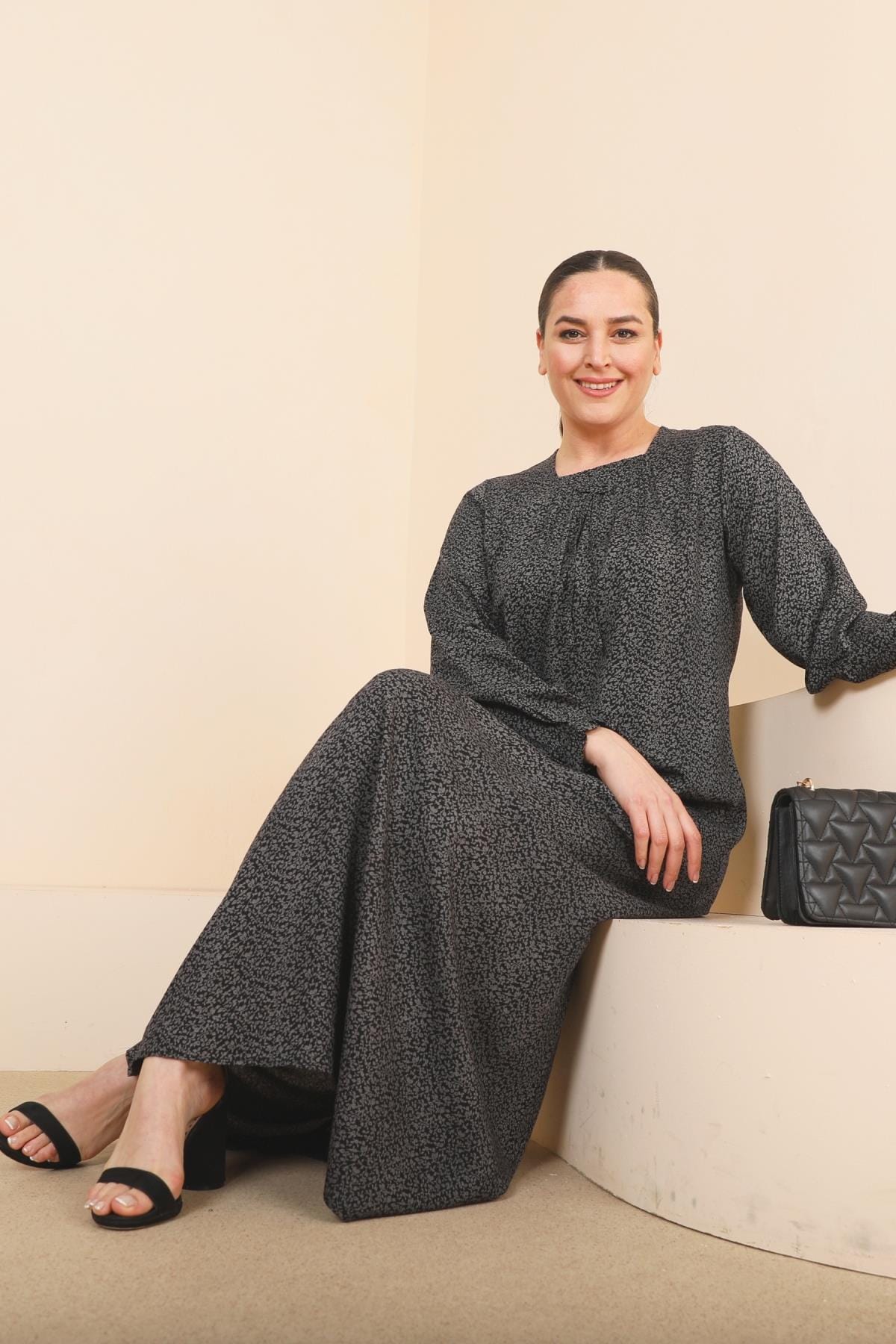 Kadin Buyuk Beden Çıtır Desen Uzun Anne Günlük Elbise Füme - Resim 3