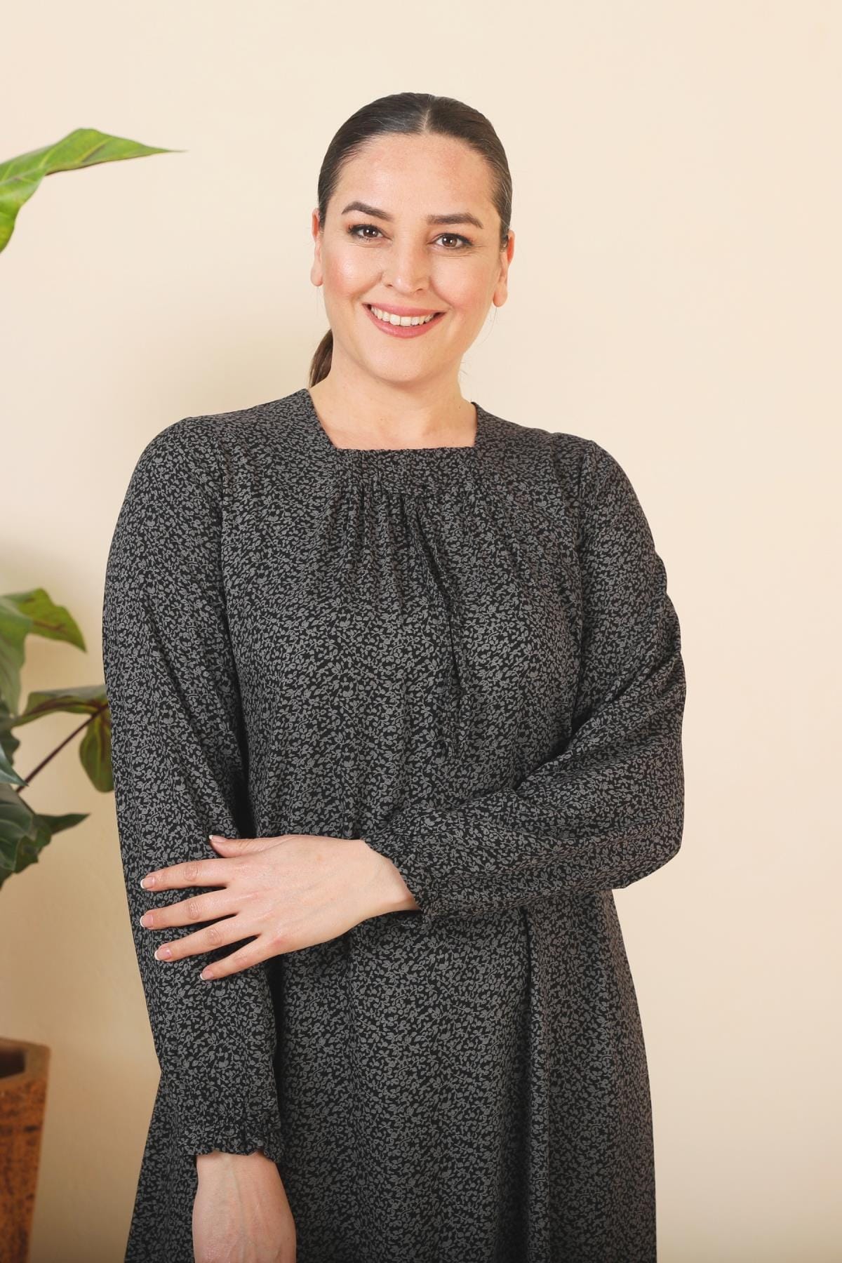 Kadin Buyuk Beden Çıtır Desen Uzun Anne Günlük Elbise Füme - Resim 4