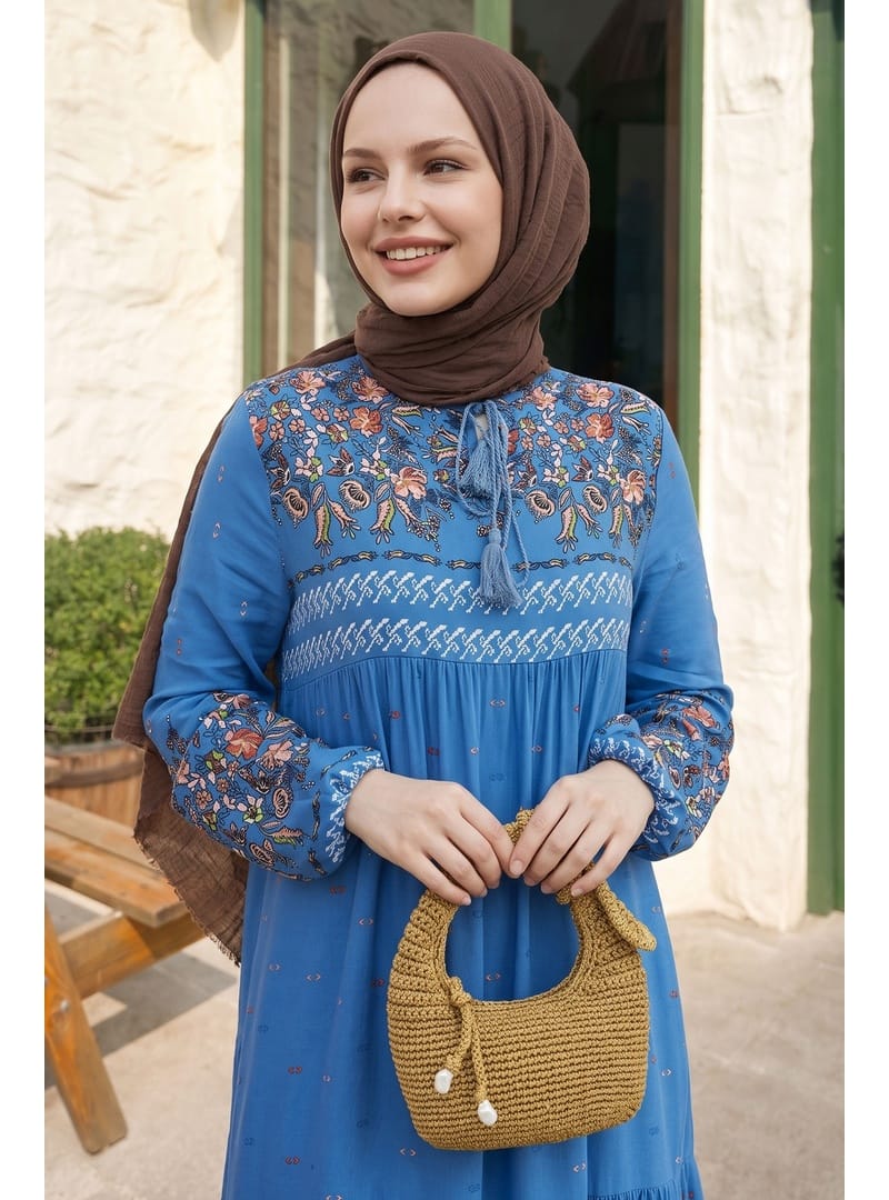 Sulu Desenli Salaş Elbise - Saks Mavisi - Resim 2