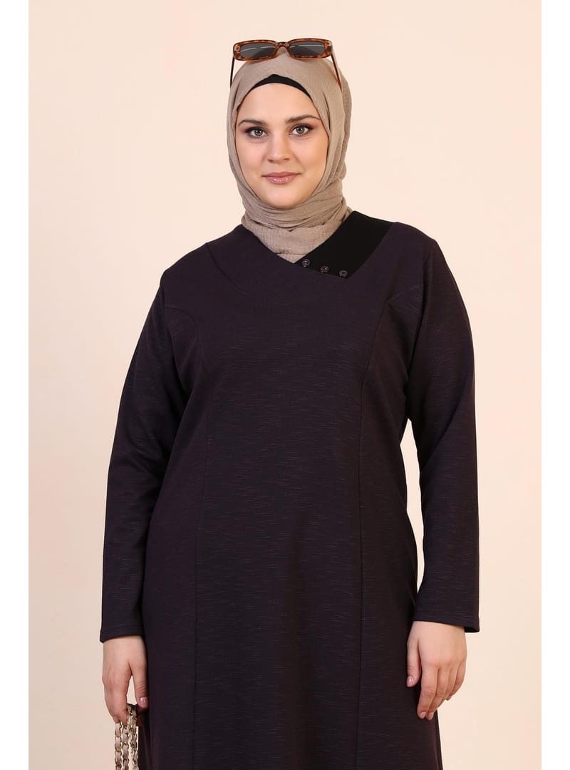 Kadin Buyuk Beden Petek Kumaş Jakar Anne Elbisesi Mürdüm - Resim 2