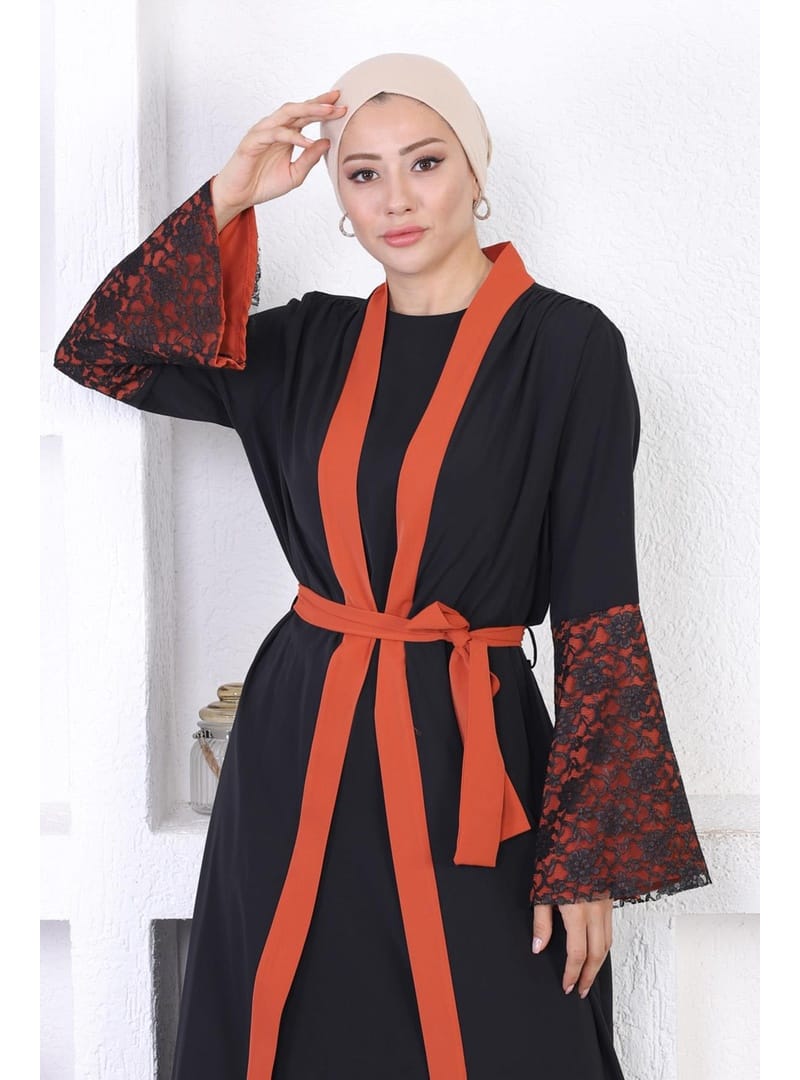 Dantel Detaylı Abaya Kiremit 12212 - Resim 2