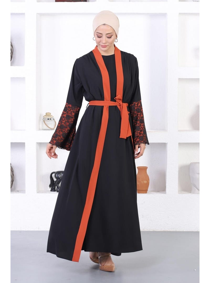 Dantel Detaylı Abaya Kiremit 12212 - Resim 3