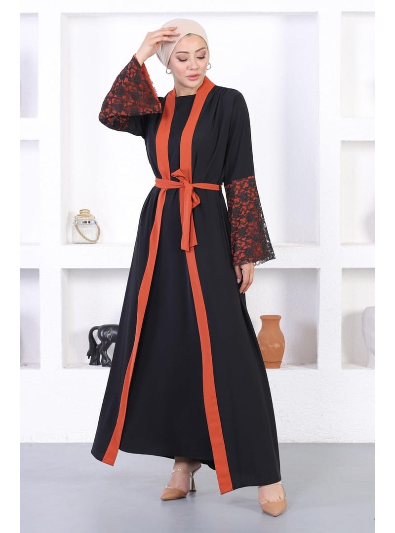 Dantel Detaylı Abaya Kiremit 12212 - Resim 4