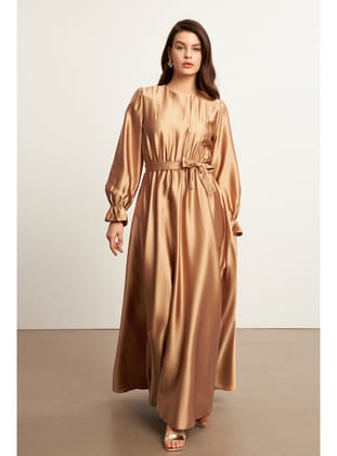 Liza Kuşaklı Saten Elbise - Gold