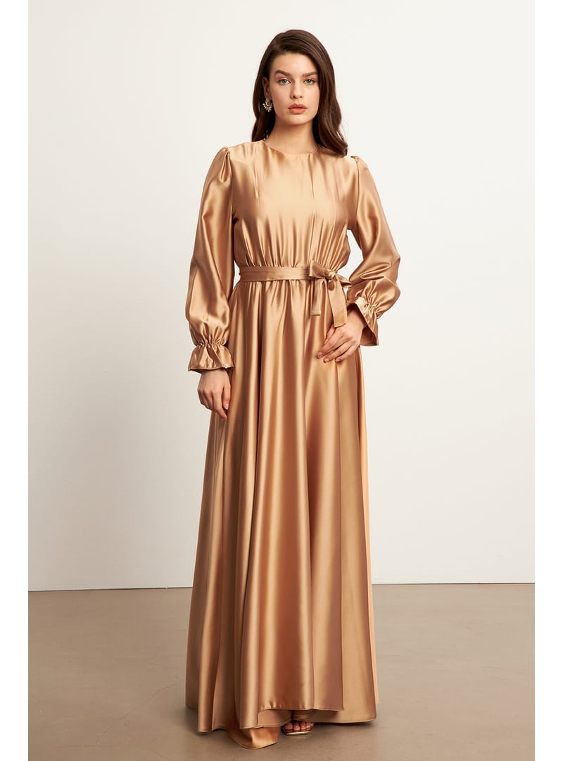 Liza Kuşaklı Saten Elbise - Gold - Resim 2