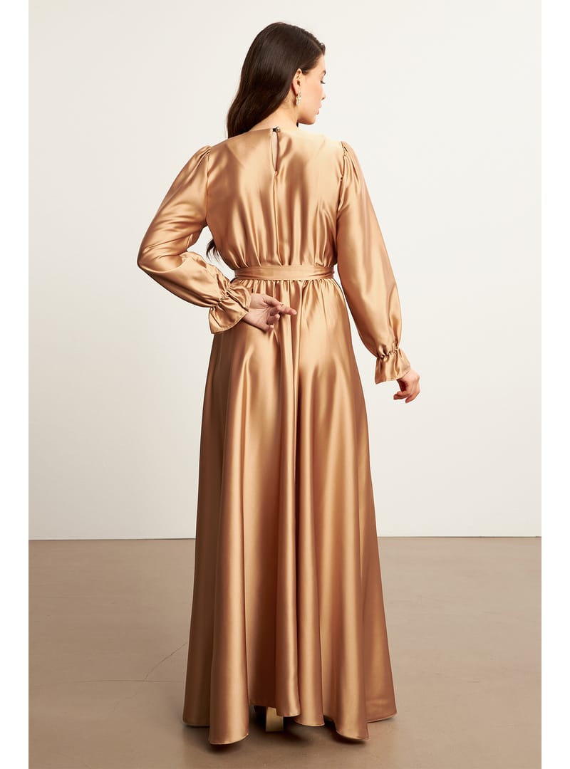 Liza Kuşaklı Saten Elbise - Gold - Resim 4