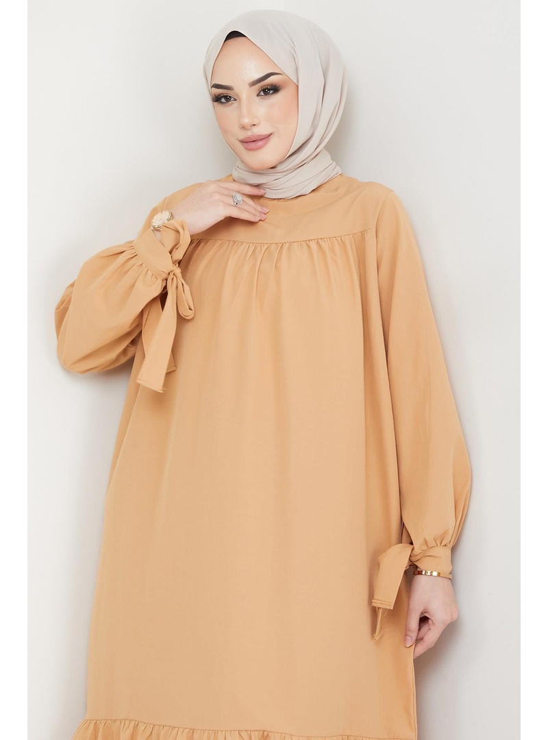 Robalı Kol Ucu Bağlamalı Elbise Camel - Resim 3