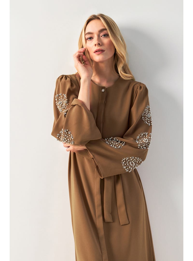 Liva Kolları Taşlı Abaya - Camel - Resim 2