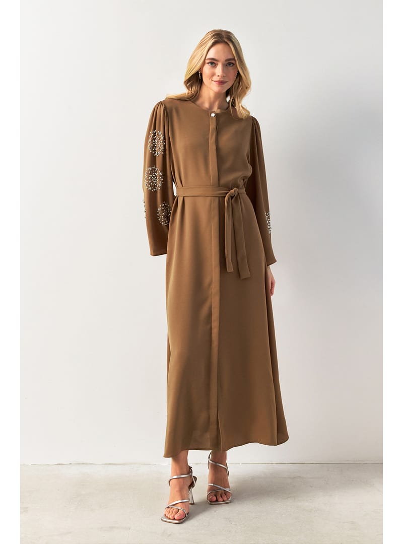 Liva Kolları Taşlı Abaya - Camel - Resim 3