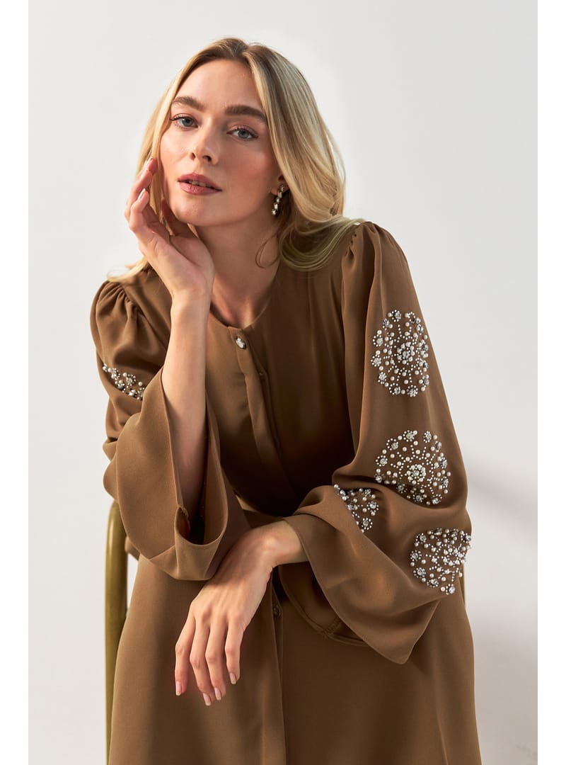 Liva Kolları Taşlı Abaya - Camel - Resim 4