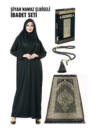 Siyah Namaz Elbiseli İbadet Seti Siyah