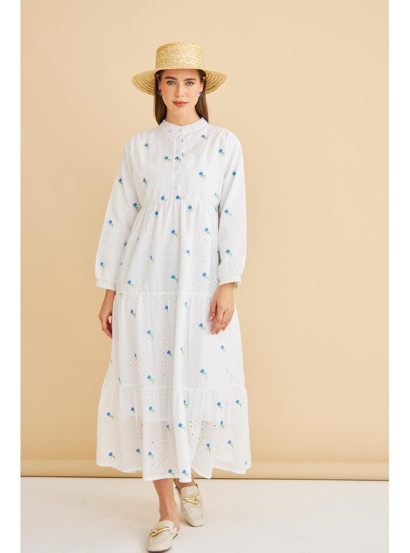 Guıpure Nakışlı ve Düğmeli Brode Oversize Mavi Elbise Mavi - Resim 3
