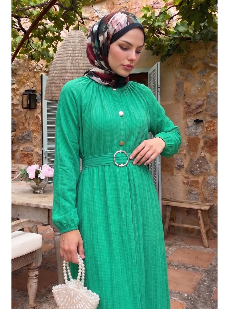 Emilya Gizli Patlı Düğme Detay Elbise - Yeşil - Resim 2
