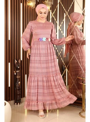 Dantelli Kemeri Çiçekli Elbise Pembe 10242