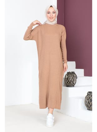 Zincir Desenli Triko Elbise TSD230714 Vizon
