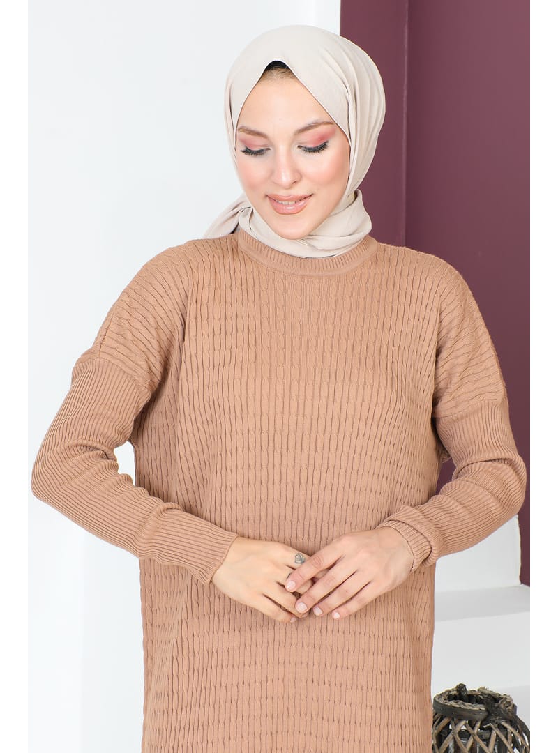 Zincir Desenli Triko Elbise TSD230714 Vizon - Resim 2