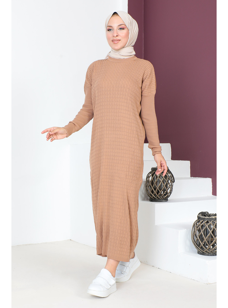 Zincir Desenli Triko Elbise TSD230714 Vizon - Resim 3