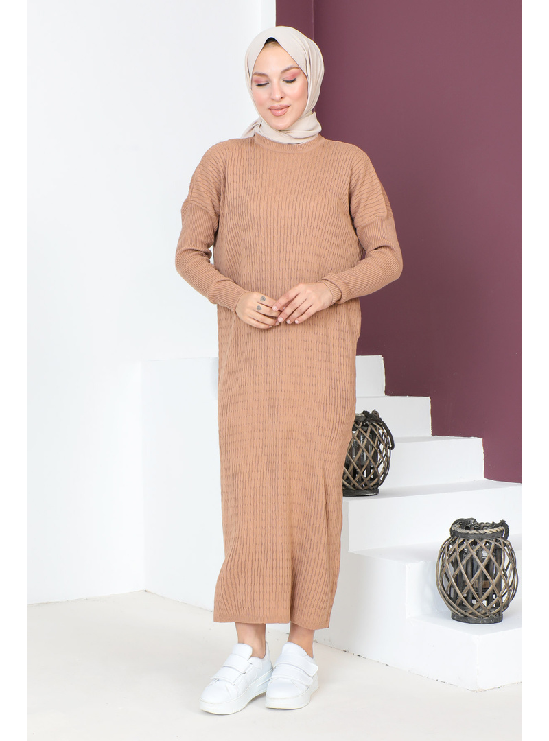 Zincir Desenli Triko Elbise TSD230714 Vizon - Resim 4