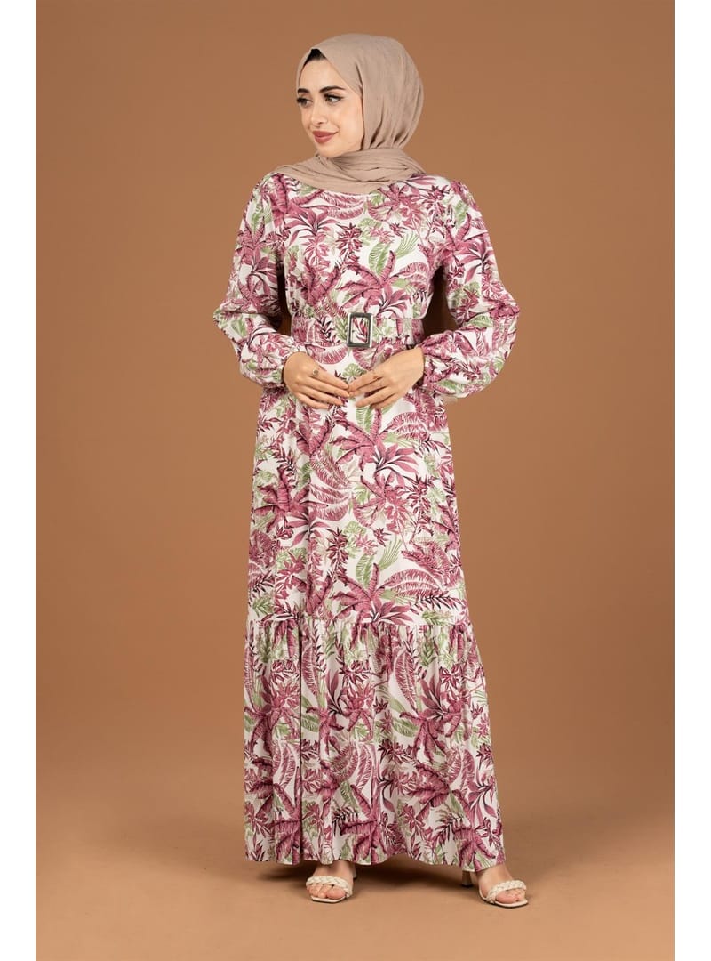 Palmiye Desenli Kaplama Kemerli Elbise-pembe - Resim 2