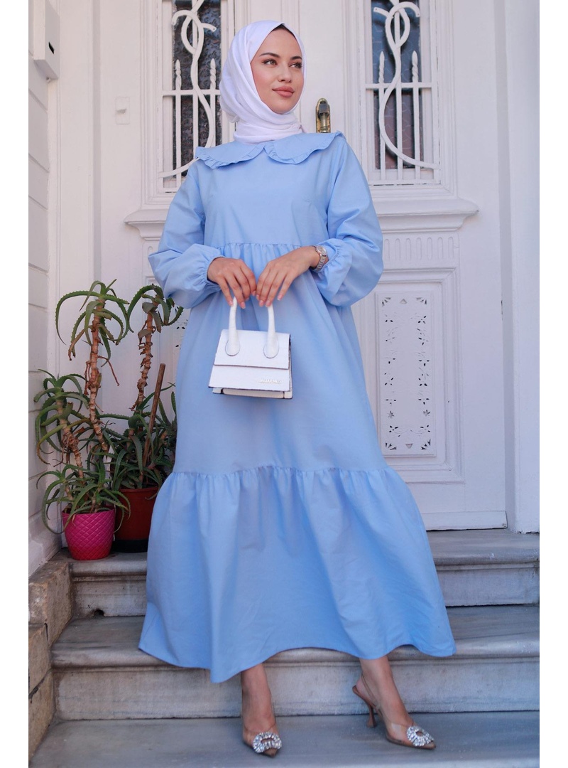 Bebe Yaka Tesettür Elbise Bebe Mavisi HM2080 - Resim 3