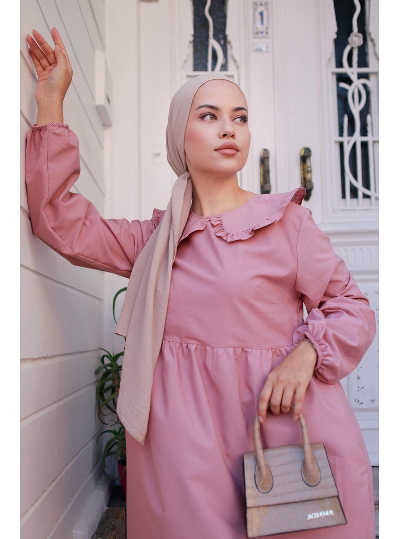 Bebe Yaka Tesettür Elbise Pembe HM2080 - Resim 4
