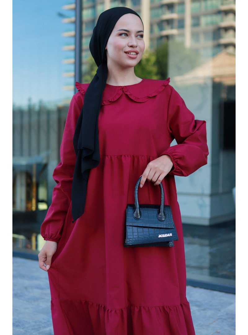 Bebe Yaka Tesettür Elbise Bordo HM2080 - Resim 2