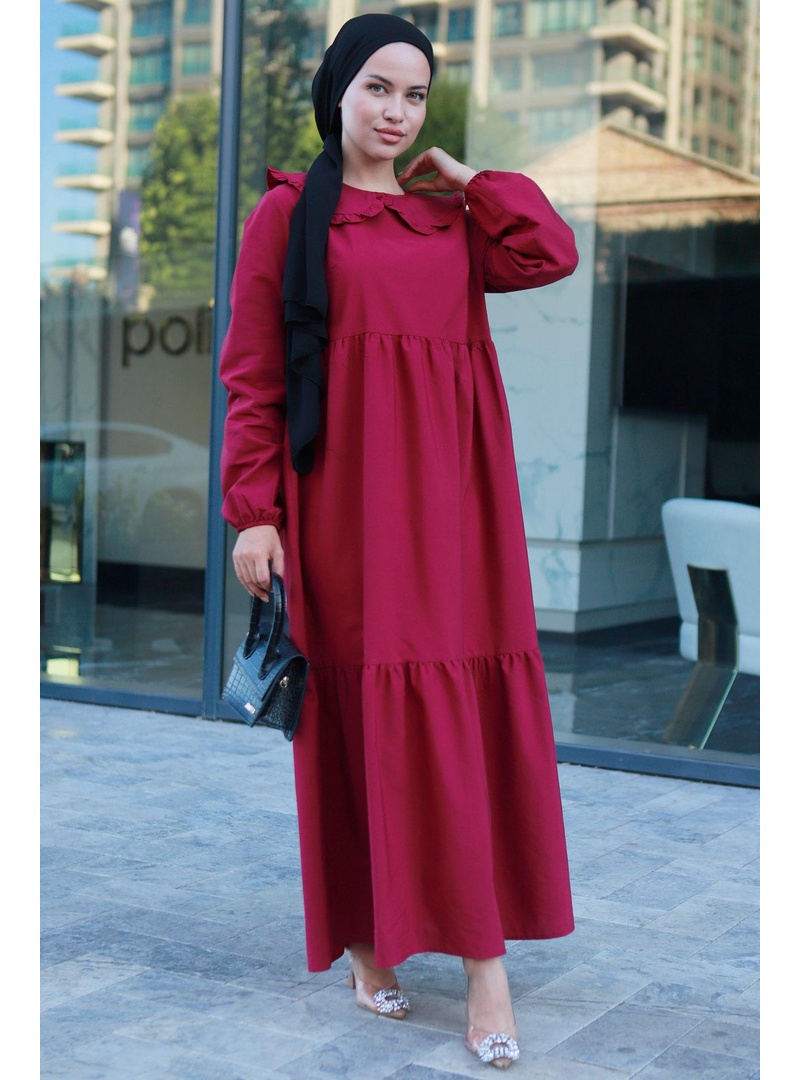 Bebe Yaka Tesettür Elbise Bordo HM2080 - Resim 3