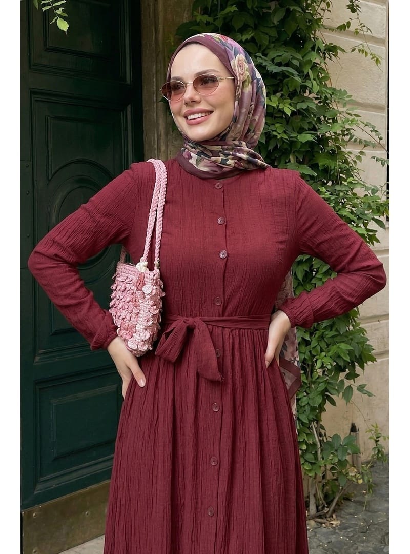 Lemina Kuşaklı Elbise - Bordo - Resim 2
