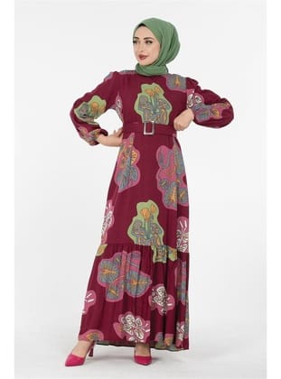 Desenli Elbise-Bordo