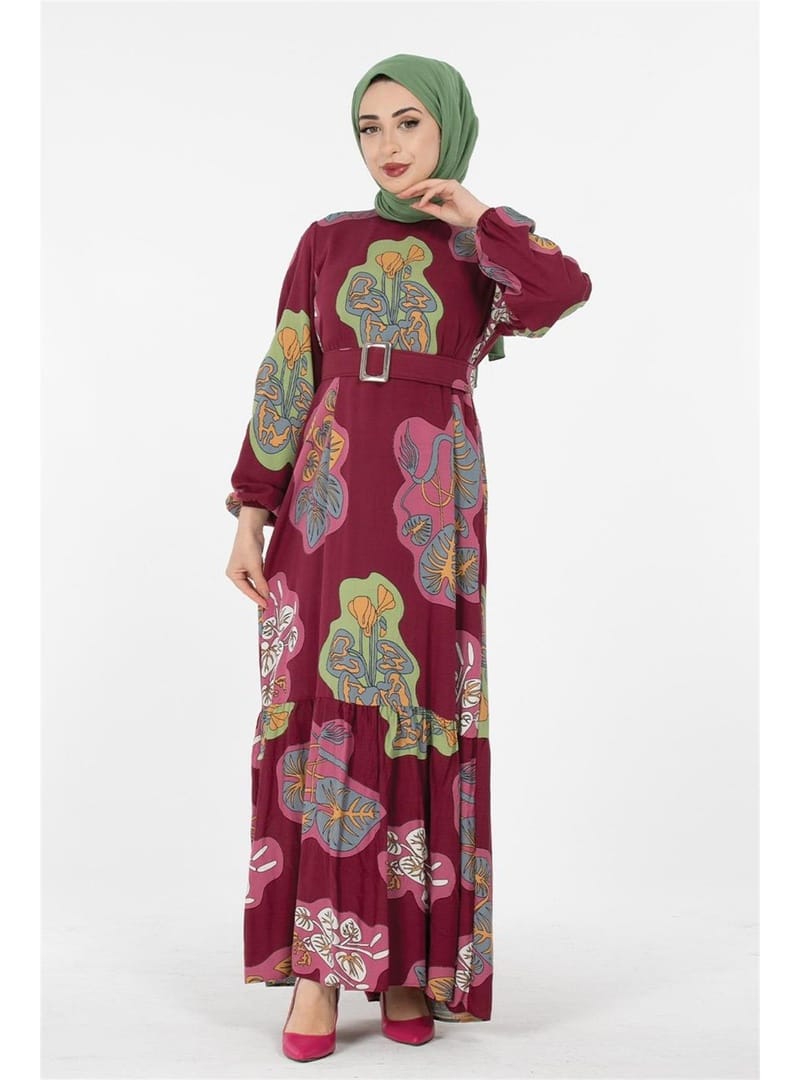 Desenli Elbise-Bordo - Resim 2