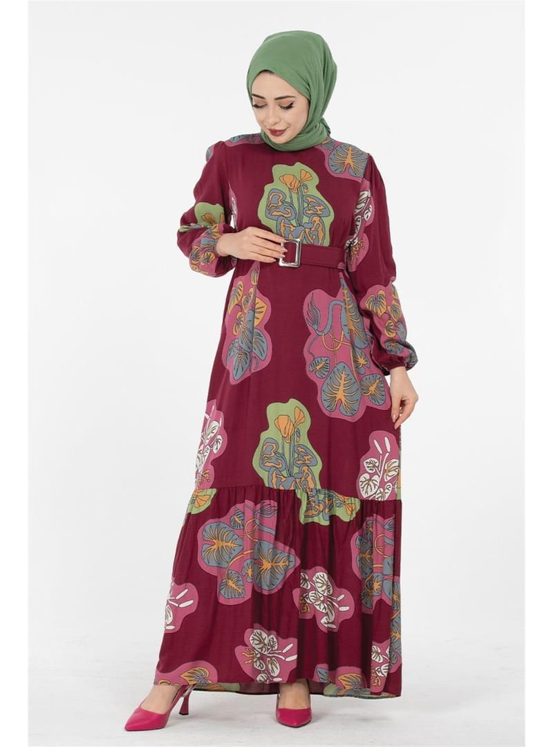 Desenli Elbise-Bordo - Resim 3