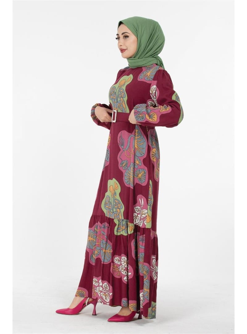 Desenli Elbise-Bordo - Resim 4